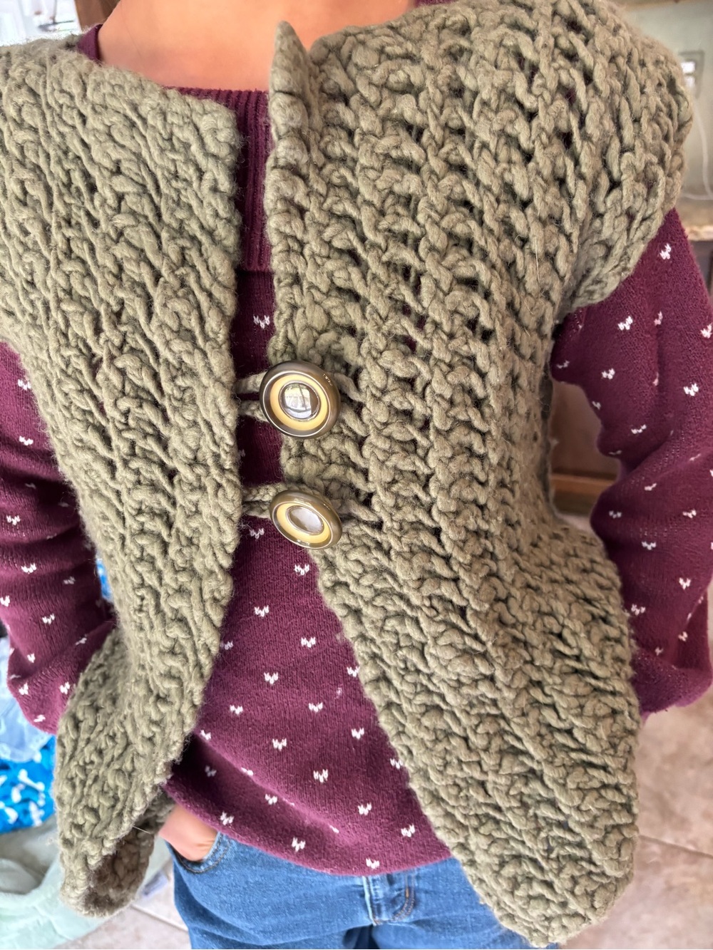 Chunky hand knit Olive Green Button-Front Knit Vest